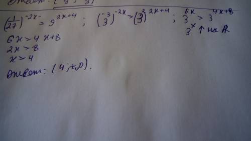 Решить неравенство (1/27)^-2х> 9^2х+4