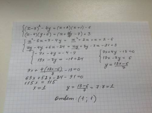 Решите систему уравнений: 1 ур. (x-3)^2-4y=(x+2)(x+1)-6 2 ур. (x-4)(y+6)=(x+3)(y-7)+3 (