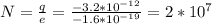 N = \frac{q}{e} = \frac{-3.2*10^{-12}}{-1.6*10^{-19}} = 2*10^{7}