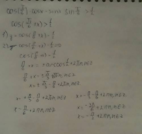 Решите тригонометрическое неравенство cos(pi/6)*cosx-sinx*sin(pi/6)> 1/2