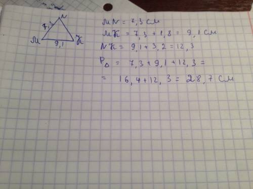 Втреугольнике mnk сторона mn равна 7,3см.сторона mk больше стороны mn на 1,8 см ,но меньше стороны n