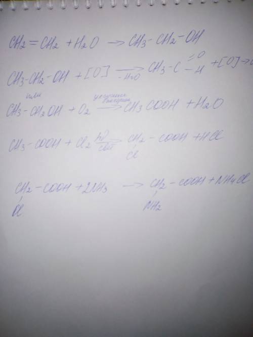 Сн2=сн2-> сн3-сн2он-> сн3соон-> сн3ci-соон-> nh2ch2cooh