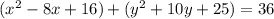 (x^2-8x+16)+(y^2+10y+25)=36