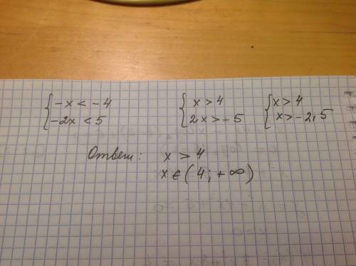 Система линейных неравенств с одной переменной {-x< -4, -2x< 5