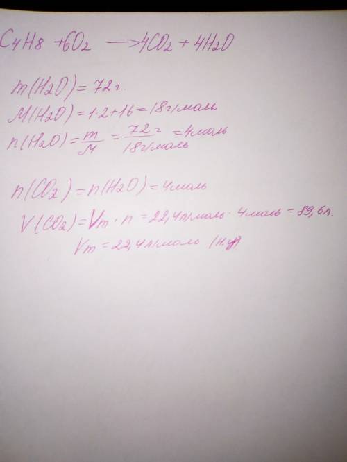 Найти объём углекислого газа, если образовалось 72 г .воды при горении алкена с n=4