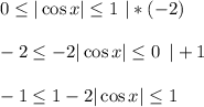 0 \leq |\cos x| \leq 1\,\, |*(-2)\\ \\ -2 \leq -2|\cos x| \leq 0\,\,\, |+1\\ \\ -1 \leq 1-2|\cos x| \leq 1