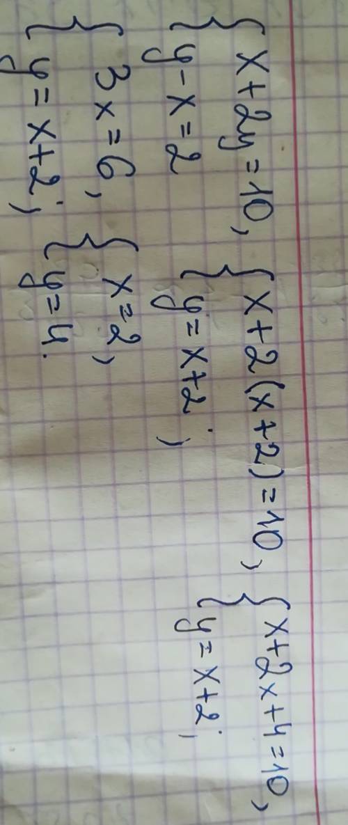 Составьте систему из 2 линейных уравнений х+2у=10 и у-х=2 и решите её графическим сложения и подстан