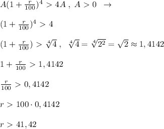 A(1+\frac{r}{100})^4\ \textgreater \ 4A\; ,\; A\ \textgreater \ 0\; \; \to \\\\(1+\frac{r}{100})^4\ \textgreater \ 4\\\\(1+\frac{r}{100})\ \textgreater \ \sqrt[4]4\; ,\; \; \sqrt[4]4=\sqrt[4]{2^2}=\sqrt2\approx 1,4142\\\\1+ \frac{r}{100}\ \textgreater \ 1,4142\\\\ \frac{r}{100} \ \textgreater \ 0,4142\\\\r\ \textgreater \ 100\cdot 0,4142\\\\r\ \textgreater \ 41,42