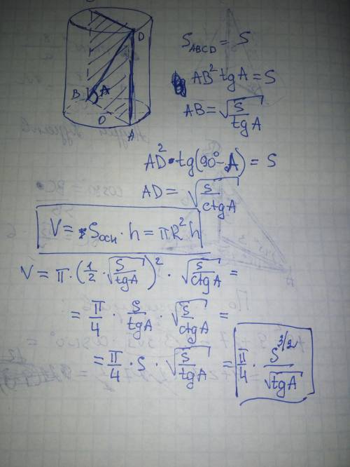 Площа осьового перерізу циліндра дорівнює s, а діагональ переріза утворює з площиною кут а. знайти о