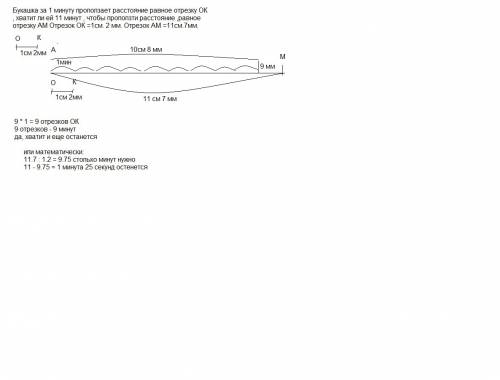Букашка за 1 минуту проползает расстояние равное отрезку ок , хватит ли ей 11 минут , чтобы проползт