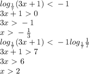 log_{ \frac{1}{7} }(3x+1)\ \textless \ -1\\&#10;3x+1\ \textgreater \ 0\\&#10;3x\ \textgreater \ -1\\&#10;x\ \textgreater \ - \frac{1}{3} \\&#10;log_{ \frac{1}{7} }(3x+1)\ \textless \ -1log_{ \frac{1}{7} }\frac{1}{7}\\&#10;3x+1\ \textgreater \ 7\\&#10;3x\ \textgreater \ 6\\&#10;x\ \textgreater \ 2&#10;