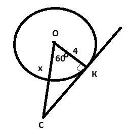 Кокружности с центром о проведена касательная ск(к-точка касания).найдите длину отрезка ос,если ради