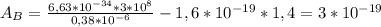 A_B = \frac{6,63*10^{-34}*3*10^8}{0,38*10^{-6}} - 1,6*10^{-19}*1,4 = 3*10^{-19}