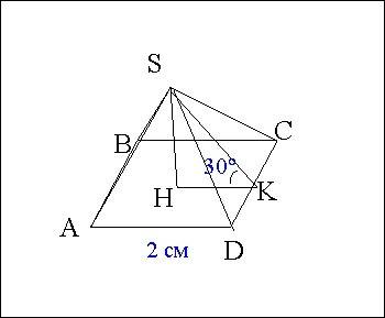 Основание пирамиды ,квадрат со стороной 2 см.каждая боковая грань образует с плоскостью основания уг
