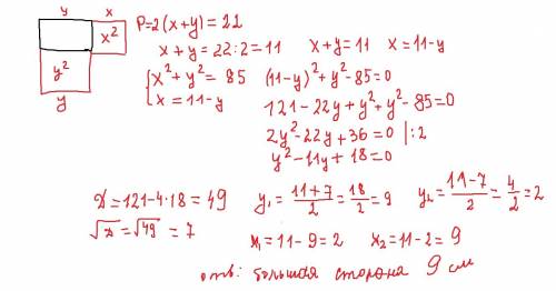 Периметр прямоугольника равен 22 см , а сумма площадей квадратов , построенных на двух смежных сторо
