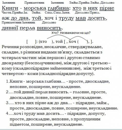 Зробіть синтаксичний аналіз речення книги- морська глибина: хто в них пірне аж до дна , той, хоч і т