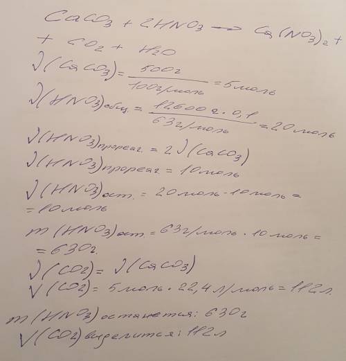 Спо . сколько литров газа выделится в процессе реакции между 500 гр карбоната кальция и 12600 гр 10%