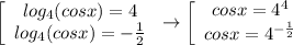 \left[\begin{array}{ccc}log_4(cosx)=4\\log_4(cosx)=-\frac{1}{2}\end{array}\right\to\left[\begin{array}{ccc}cosx=4^4\\cosx=4^{-\frac{1}{2}}\end{array}\right