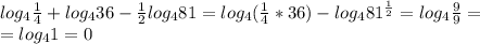 log_4 \frac{1}{4} +log_436- \frac{1}{2} log_481=log_4( \frac{1}{4} *36)-log_481^{ \frac{1}{2} }=log_4 \frac{9}{9} =\\&#10;=log_41=0