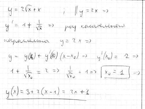 Составьте уравнение касательной к графику функции y=2sqrt(x) + x, параллельной прямой y=2x