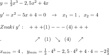 y= \frac{1}{3} x^3-2,5x^2+4x\\\\y'=x^2-5x+4=0\; \; \; \to \; \; \; x_1=1\; ,\; \; x_2=4\\\\Znaki\; y'\, :\; \; \; +++(1)---(4)+++\\\\.\qquad \; \qquad \qquad \nearrow \; \; (1)\; \; \searrow \; \; (4)\; \; \; \; \nearrow \\\\x_{min}=4\; ,\; \; y_{min}= \frac{1}{3}\cdot 4^3-2,5\cdot 4^2+4\cdot 4=-2\frac{2}{3}