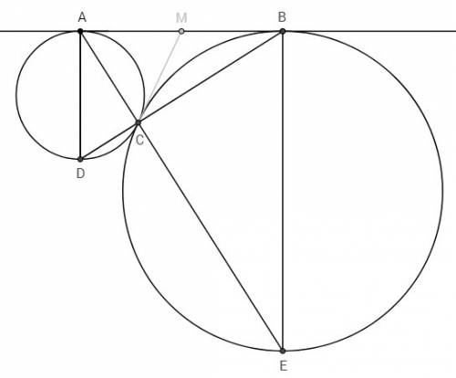 2окружности радиусами 1 и 8 пересекаются в точке с. к ним проведена касательная ав так, что точка а