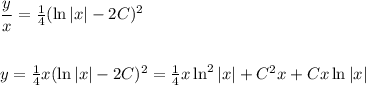 \dfrac{y}{x} =\frac{1}{4} (\ln |x|-2C)^2\\ \\ \\ y=\frac{1}{4} x(\ln |x|-2C)^2= \frac{1}{4}x\ln^2|x|+C^2x+Cx\ln|x|