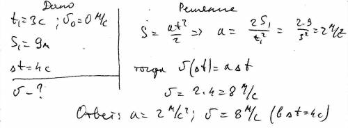 Тело движется из состояния покоя за первые 3с путь s=9м.чему равна скорость тела через δt=4c от нача