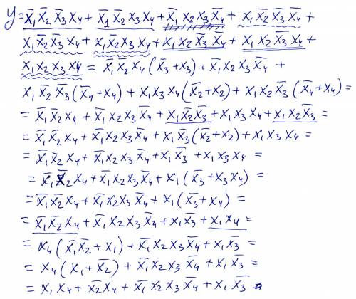 Логическую функцию y=(¬x1^¬x2^¬x3^x4)v(¬x1^¬x2^x3^x4)v(¬x1^x2^x3^¬x4)v(x1^¬x2^¬x3^¬x4)v(x1^¬x2^¬x3^x