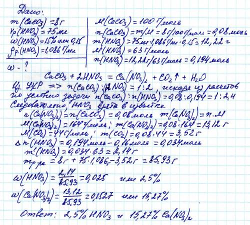 Ккарбонату кальция массой 8 г прилили 75 мл 15%- го раствора азотной кислоты(р-1.086) вычислите масс