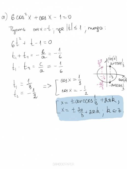 Решите уравнения: а) 6cos²x + cos x - 1 = 0 б) 3log²₄x - 7log₄ x + 2 = 0 ! с решением!