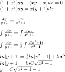 (1+x^2)dy-(xy+x)dx=0\\(1+x^2)dy=x(y+1)dx\\\\ \frac{dy}{y+1} = \frac{xdx}{x^2+1} \\\\ \int \frac{dy}{y+1} =\int \frac{xdx}{x^2+1}\\\\\int \frac{dy}{y+1} = \frac{1}{2} \int \frac{d(x^2+1)}{x^2+1}\\\\ln|y+1|= \frac{1}{2} ln|x^2+1|+lnC\\ln|y+1|=lnC \sqrt{x^2+1} \\y=C \sqrt{x^2+1} -1