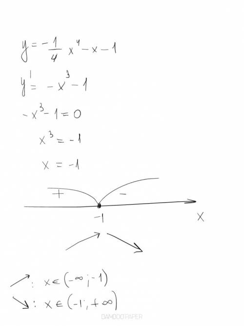 Найдите интервалы возрастания и убывания функции у= -1/4x^4-x-1