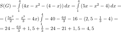 S(G)= \int\limits^4_1 {(4x-x^2-(4-x))} \, dx=\int\limits^4_1 {(5x-x^2-4)} \, dx=&#10;\\= (\frac{5x^2}{2}- \frac{x^3}{3}-4x ) \int\limits^4_1=40- \frac{64}{3}-16-(2,5- \frac{1}{3}-4)= &#10;\\=24- \frac{64}{3}+1,5+ \frac{1}{3}=24-21+1,5=4,5