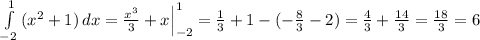 \int\limits^1_{-2} {(x^2+1)} \, dx = \frac{x^3}{3}+x \Big|^1_{-2}= \frac{1}{3}+1-(- \frac{8}{3}-2 )= \frac{4}{3} + \frac{14}{3} = \frac{18}{3} = 6