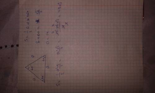 Сторона равностороннего треугольника равна 14. площадь?