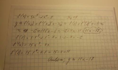 Составить уравнение касательной к кривой f(x)=3x^5-2x2-7 в точке с абсциссой x0=1 заранее