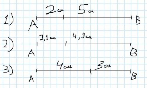 Разделите отрезок ab в отношении: 1) 2: 5 2) 3: 7 3) 4: 3 для удобства возьмите отрезок ав в 7 см