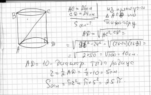 Диагональ осевого сечения цилиндра 26 см., высота цилиндра равна 24см. найдите площадь основания цил