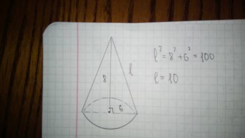 Образующая конуса высотой 8см. и радиусом основания 6см.