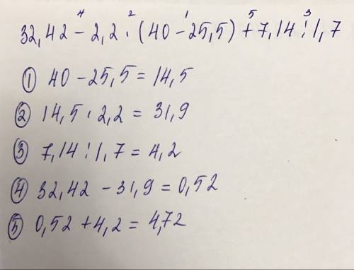 Решите пример 32.42-2.2*(40-25.5)+7.14: 1.7 если можно по действиям)