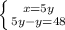 \left \{ {{x=5y} \atop {5y-y=48}} \right.