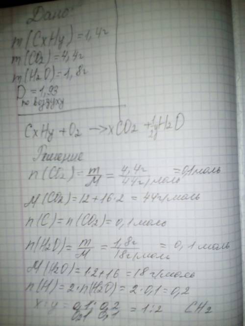 Сожали 1,4г углеводорода и получили 4,4г углекислого газа и 1,8г воды. плотность паров этого веществ