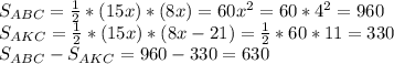 S_{ABC}= \frac{1}{2} *(15x)*(8x)=60 x^{2} =60*4^2=960\\&#10;S_{AKC}= \frac{1}{2} *(15x)*(8x-21)= \frac{1}{2}*60*11= 330\\&#10;S_{ABC}-S_{AKC}=960-330=630