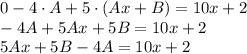 0-4\cdot A+5\cdot (Ax+B)=10x+2\\ -4A+5Ax+5B=10x+2\\ 5Ax+5B-4A=10x+2