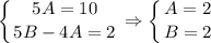 \displaystyle \left \{ {{5A=10} \atop {5B-4A=2}} \right. \Rightarrow \left \{ {{A=2} \atop {B=2}} \right.