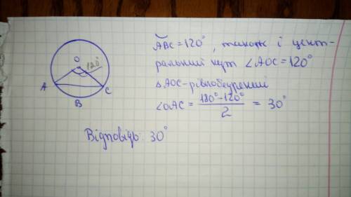 Центальний кут опирається на хорду,яка стягує дугу в 120 градусів .знайти кути ,утвореного сторонами