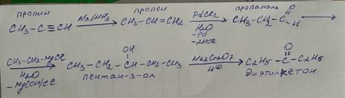 Напишите уравнения реакций с которых можно из пропина получить диэтилкетон. дать названия веществам,