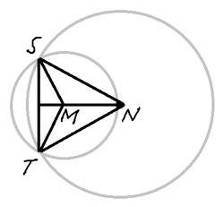 Окружности с центрами в точках m и n пересекаются в точках s и t, причем точки m и n лежат по одну с