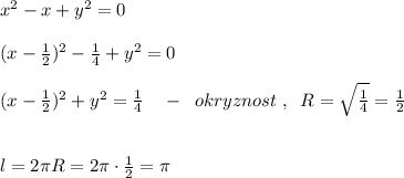 x^2-x+y^2=0\\\\(x-\frac{1}{2})^2- \frac{1}{4}+y^2= 0\\\\(x- \frac{1}{2})^2+y^2= \frac{1}{4} \quad -\; \; okryznost\; ,\; \; R= \sqrt{\frac{1}{4}} = \frac{1}{2} \\\\\\l=2\pi R=2\pi \cdot \frac{1}{2}=\pi